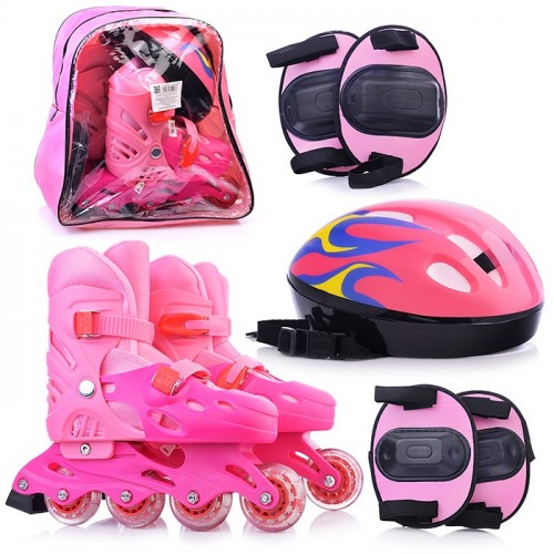 Ролики детские (PU, размер M) розовые, в рюкзаке